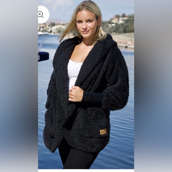 Nordic Beach Black Teddy Sherpa Jacket   Very Thick/ Soft Fabric, Hood, Pockets - Picture 13 of 16